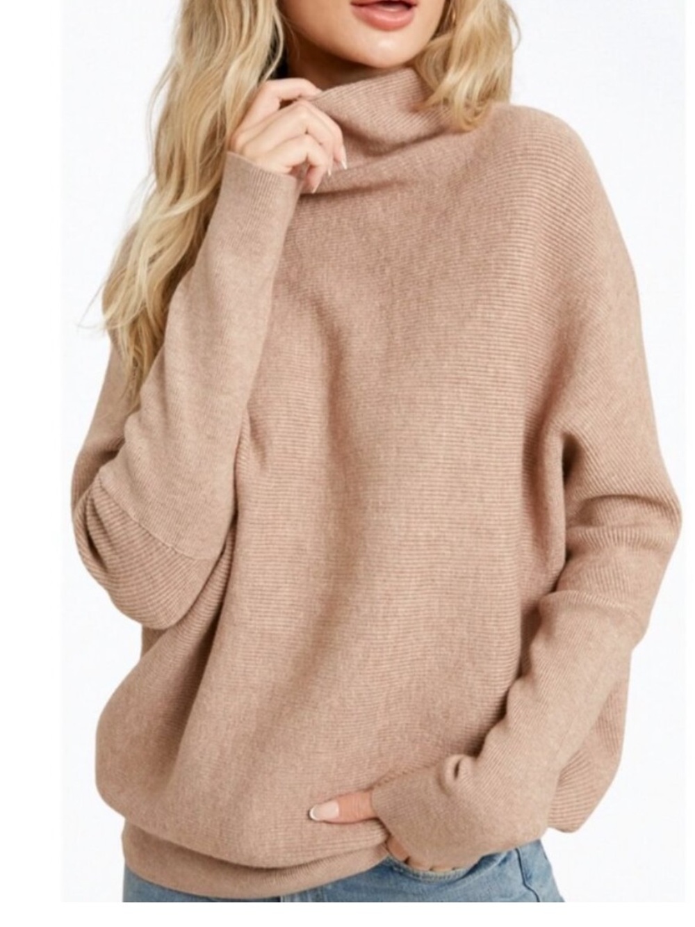 Blu Ivy Slouch Neck Dolman Pullover Tan Brown Rib Knit Sweater, Size M/L